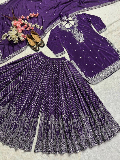 Designer Embroidery Work Purple Color Sharara Suit
