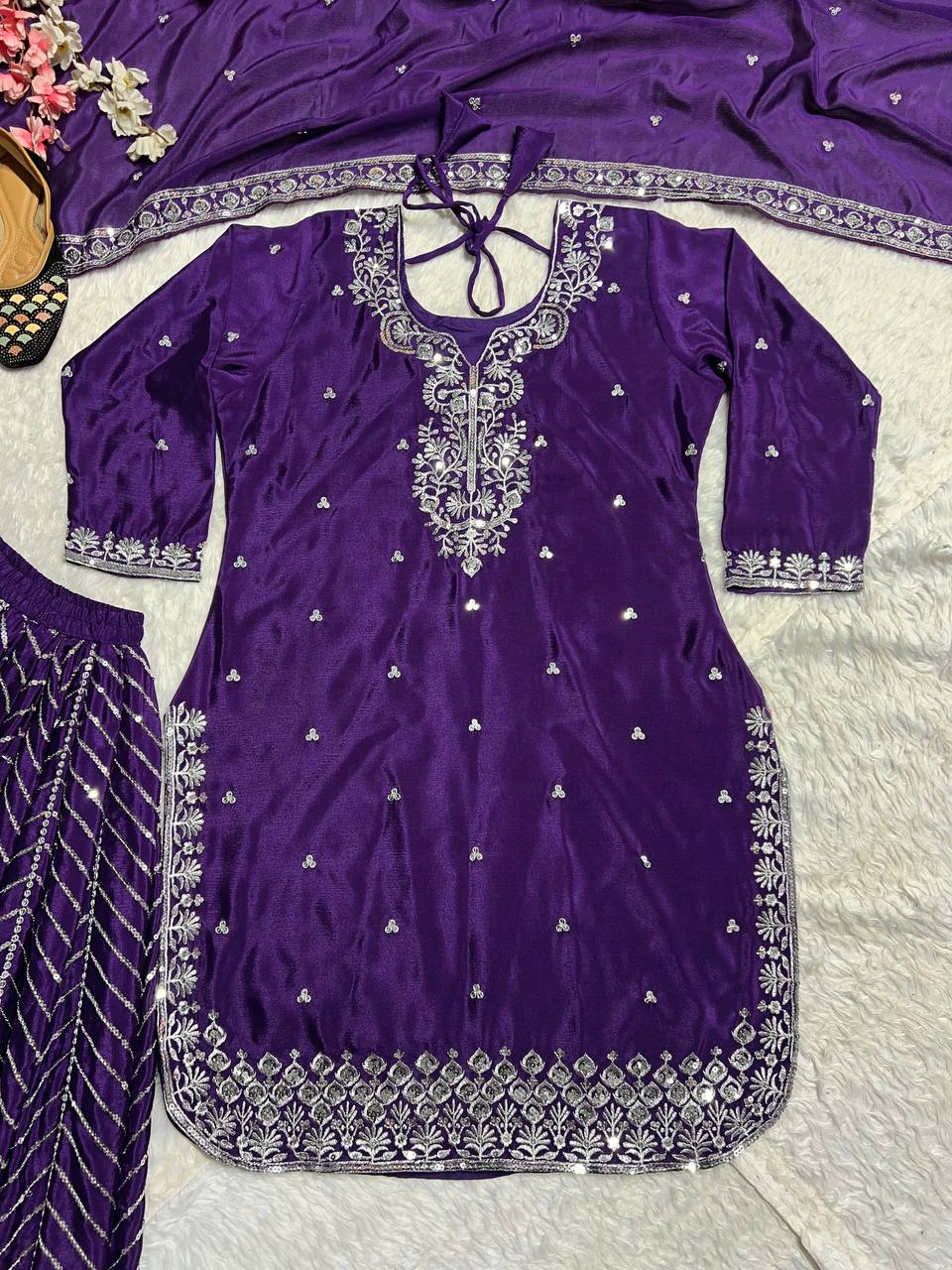 Designer Embroidery Work Purple Color Sharara Suit