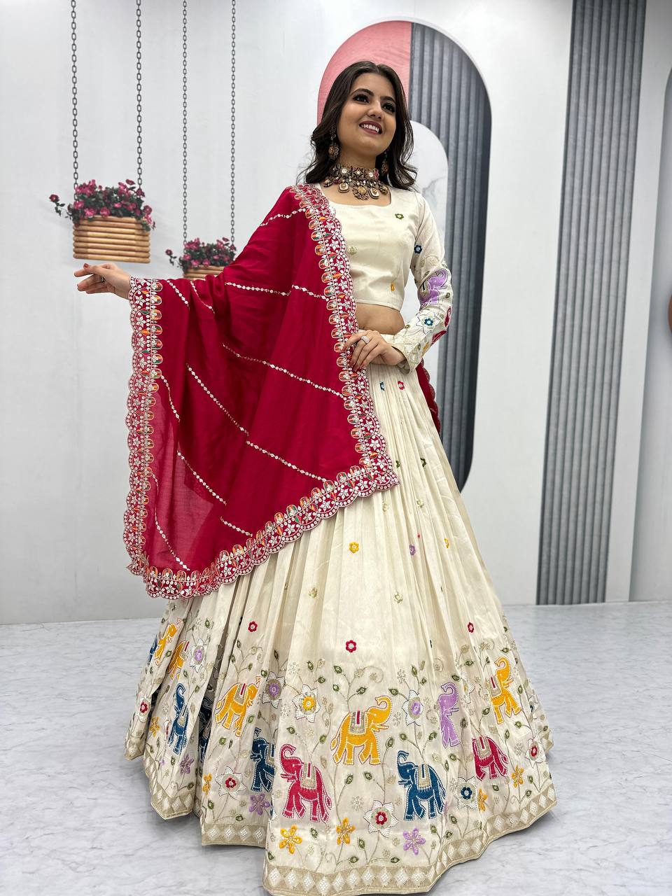 Stunning Off White Color Lehenga choli With Red Dupatta