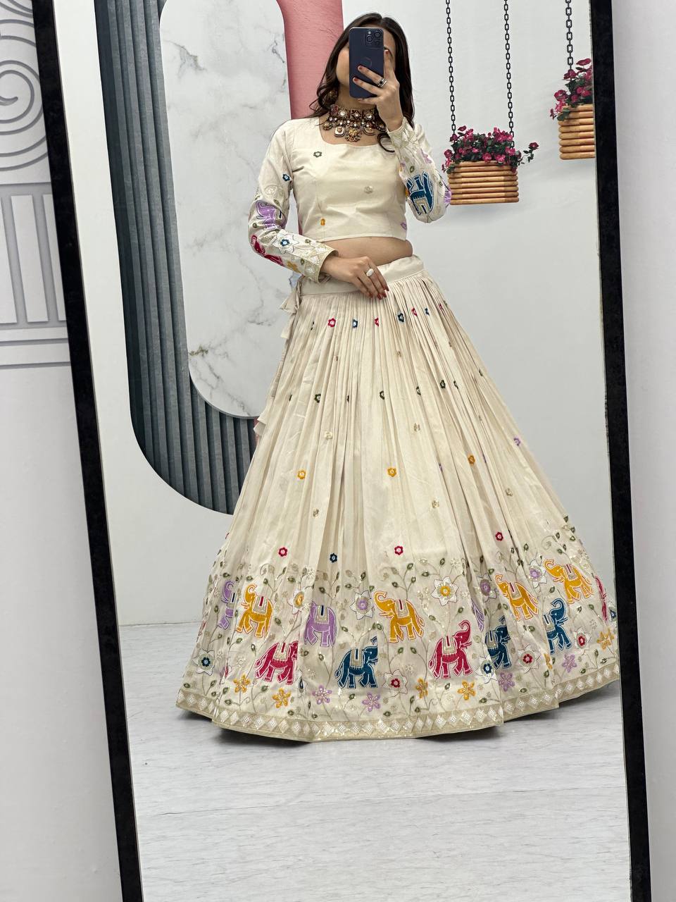 Stunning Off White Color Lehenga choli With Red Dupatta