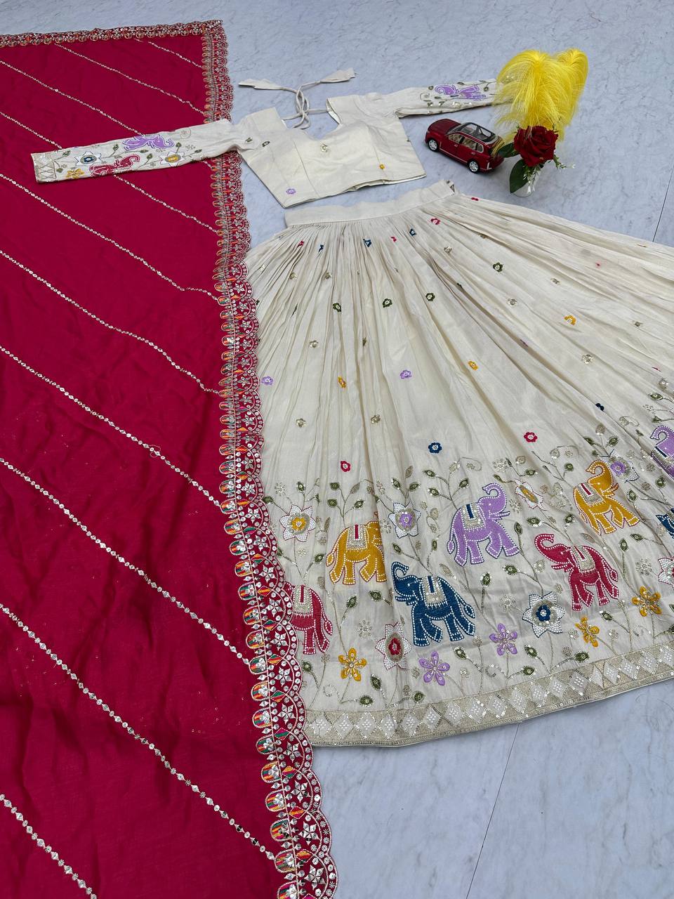 Stunning Off White Color Lehenga choli With Red Dupatta