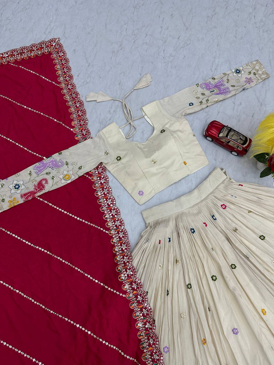 Stunning Off White Color Lehenga choli With Red Dupatta