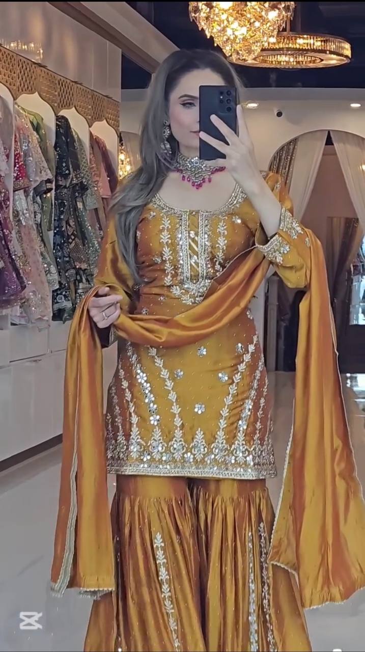 Glorious Chinnon Silk Mustard Color Sharara Suit