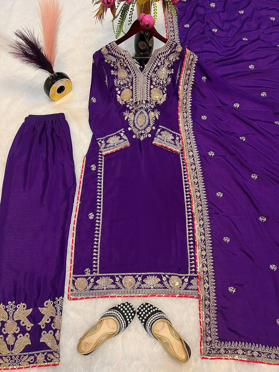 Awesome Embroidery Work Purple Color Palazzo Suit