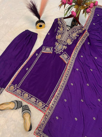 Awesome Embroidery Work Purple Color Palazzo Suit