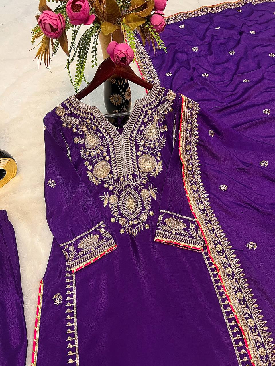 Awesome Embroidery Work Purple Color Palazzo Suit