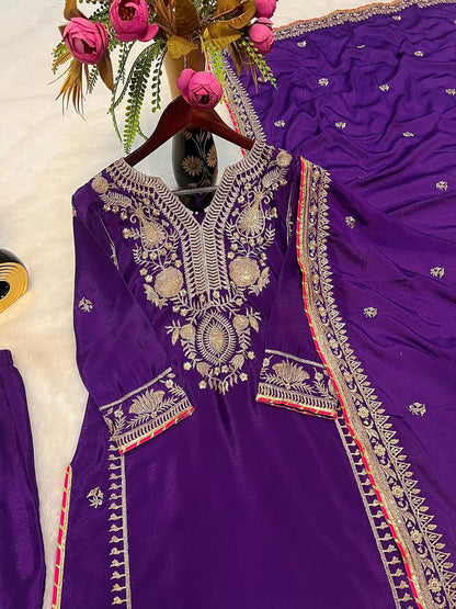 Awesome Embroidery Work Purple Color Palazzo Suit