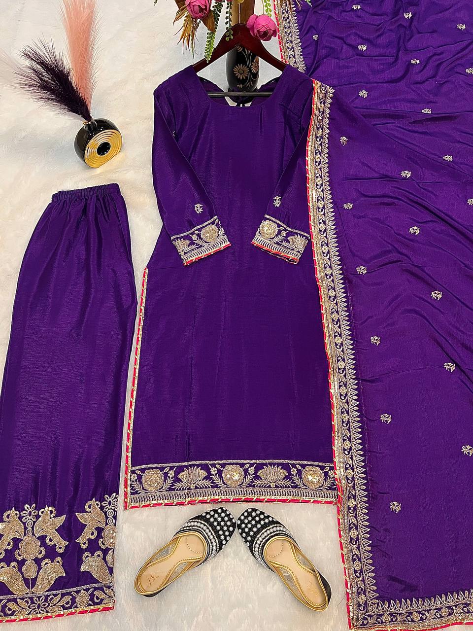 Awesome Embroidery Work Purple Color Palazzo Suit
