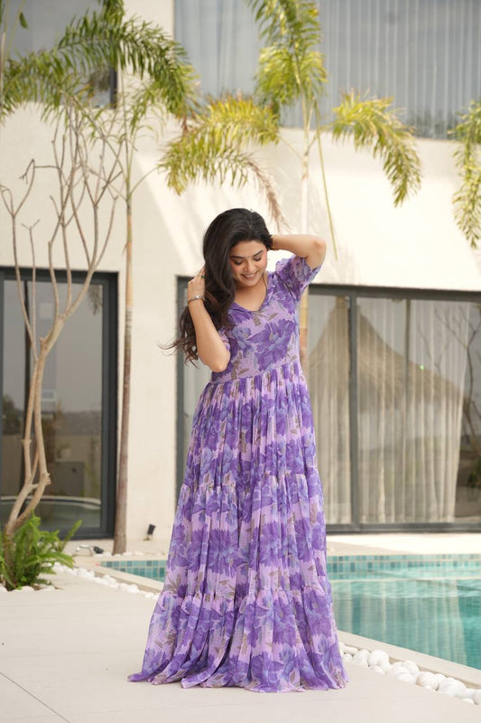 Stylish Georgette V Neck Purple Color Gown