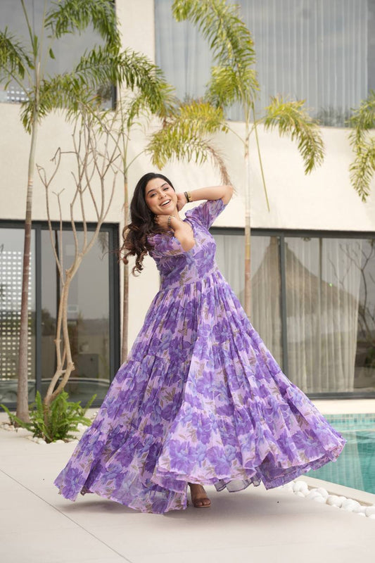 Stylish Georgette V Neck Purple Color Gown