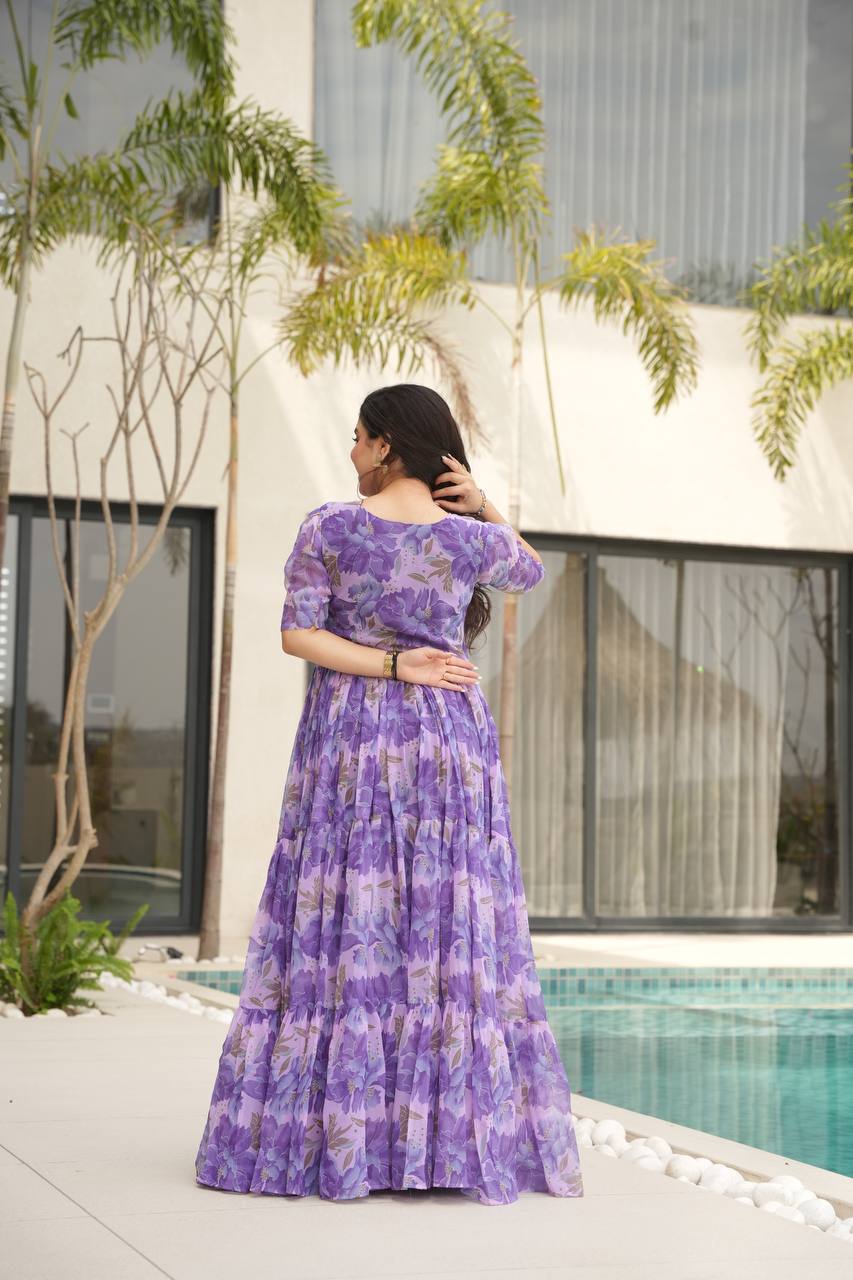 Stylish Georgette V Neck Purple Color Gown