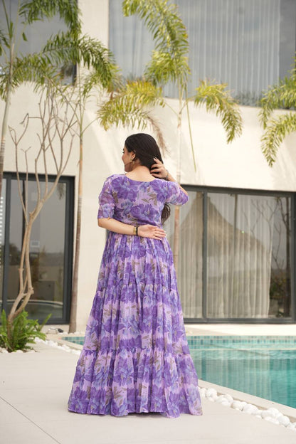 Stylish Georgette V Neck Purple Color Gown