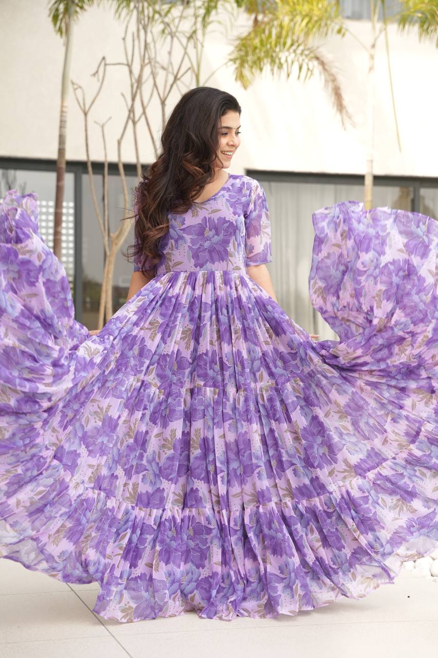 Stylish Georgette V Neck Purple Color Gown