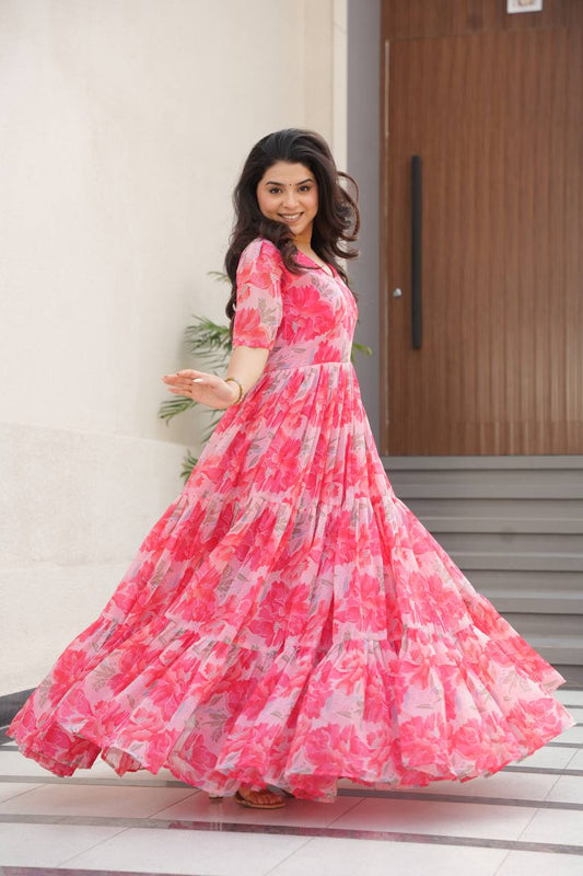 Stylish Georgette V Neck Peach Color Gown