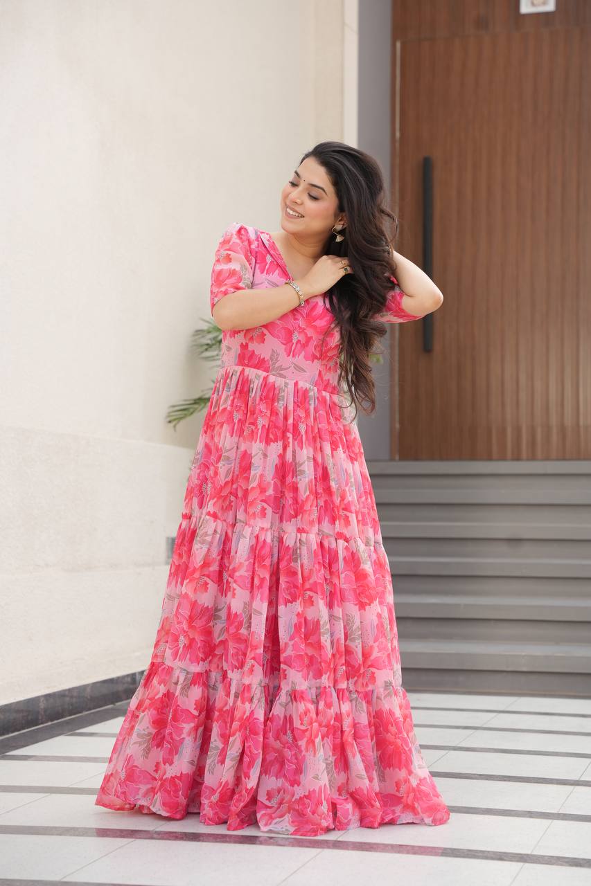 Stylish Georgette V Neck Peach Color Gown