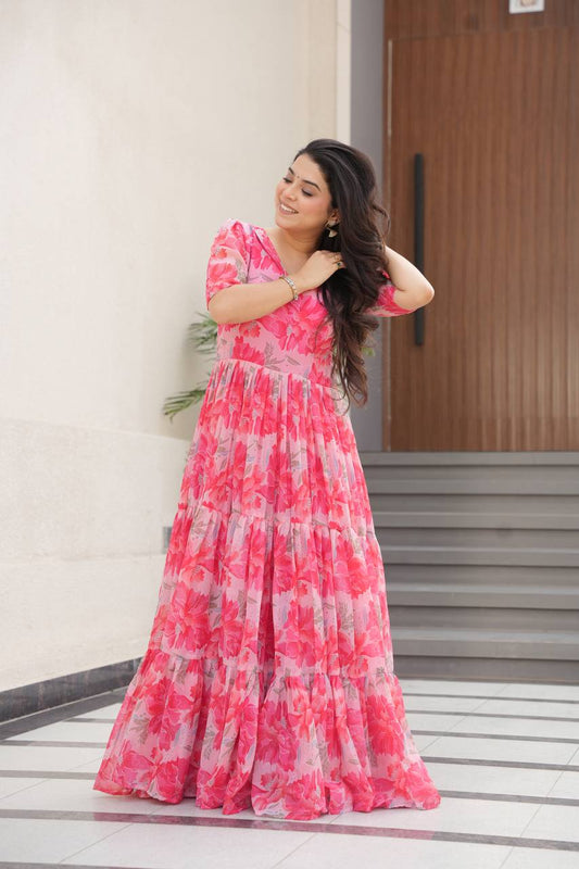 Stylish Georgette V Neck Peach Color Gown