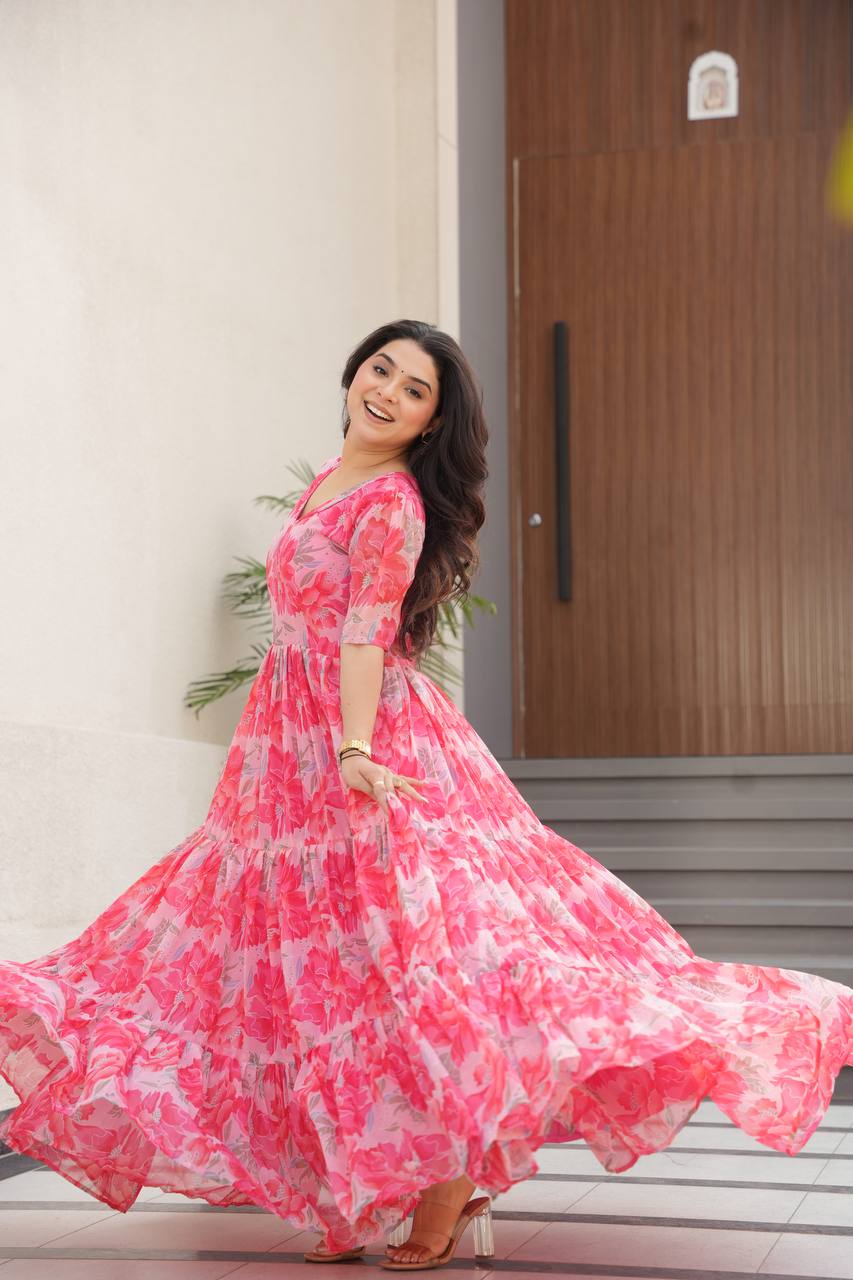 Stylish Georgette V Neck Peach Color Gown