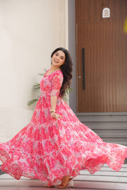 Stylish Georgette V Neck Peach Color Gown