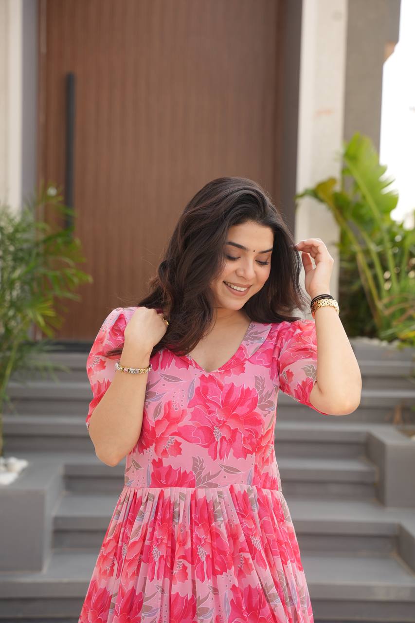 Stylish Georgette V Neck Peach Color Gown