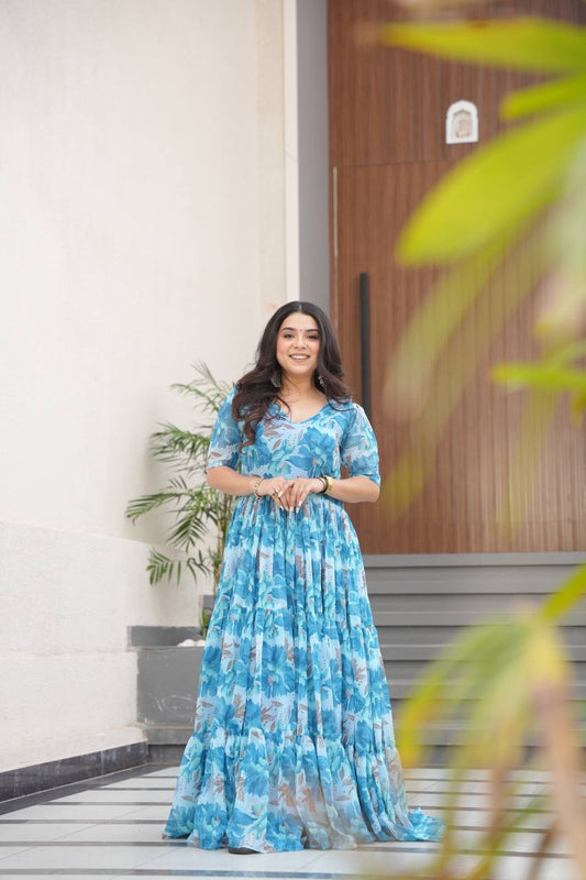 Stylish Georgette V Neck Sky Blue Color Gown