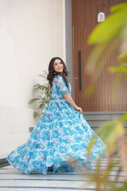 Stylish Georgette V Neck Sky Blue Color Gown