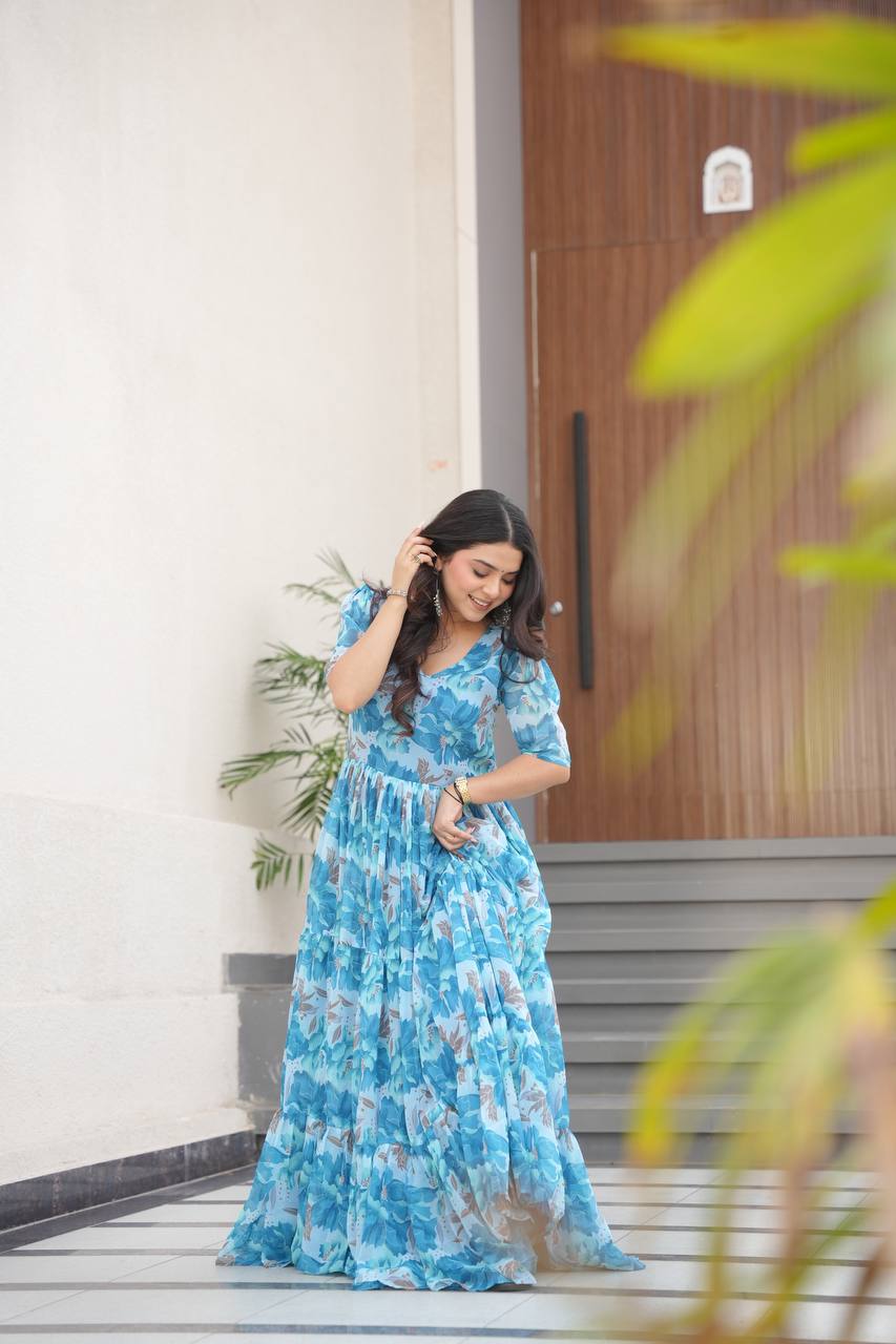 Stylish Georgette V Neck Sky Blue Color Gown
