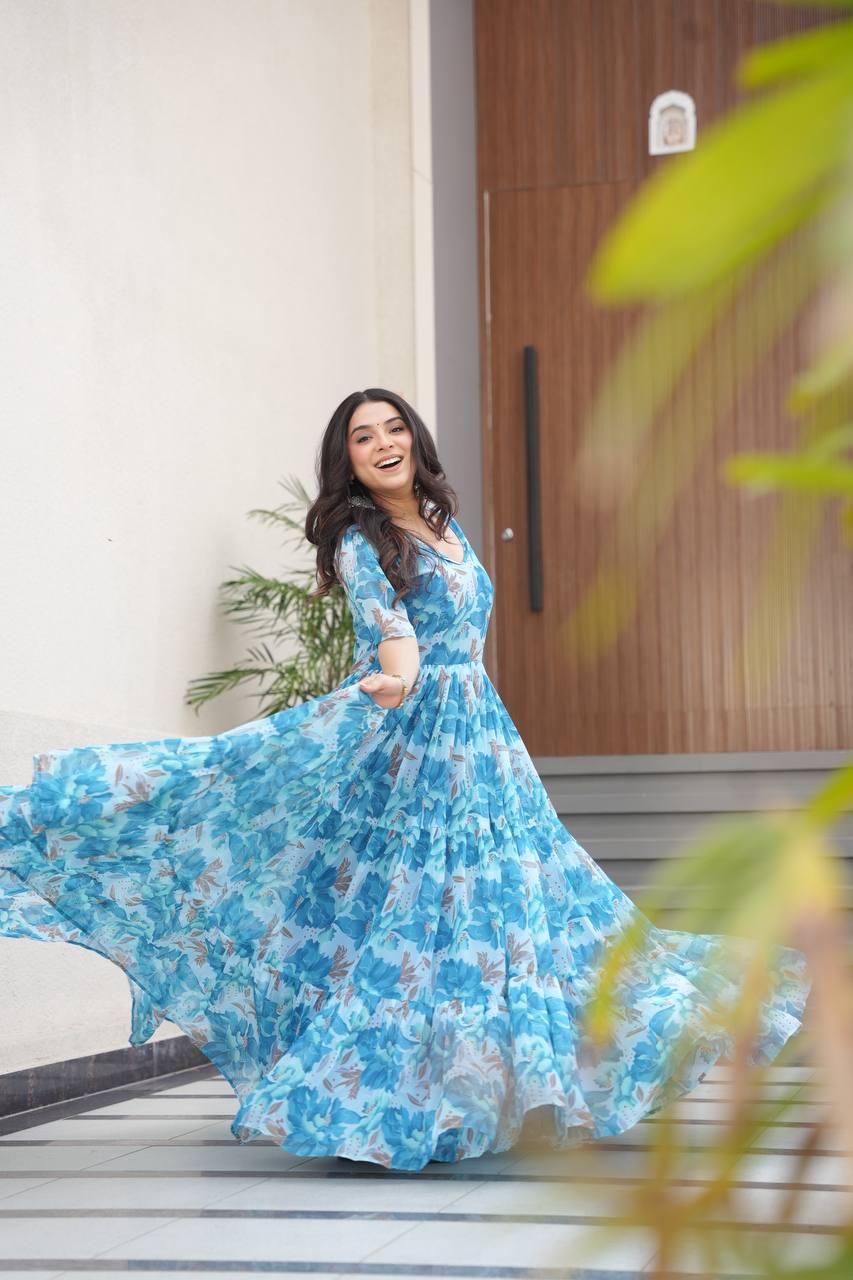 Stylish Georgette V Neck Sky Blue Color Gown
