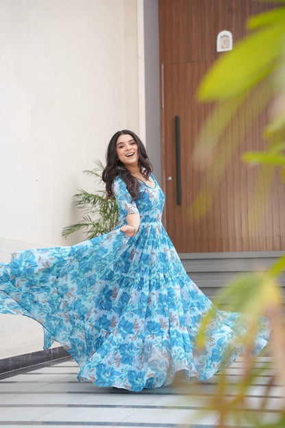 Stylish Georgette V Neck Sky Blue Color Gown