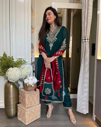Outstanding Chinnon Silk Teal Blue Salwar Suit