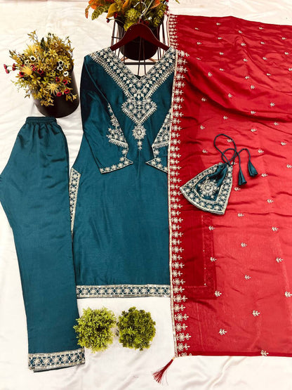Outstanding Chinnon Silk Teal Blue Salwar Suit
