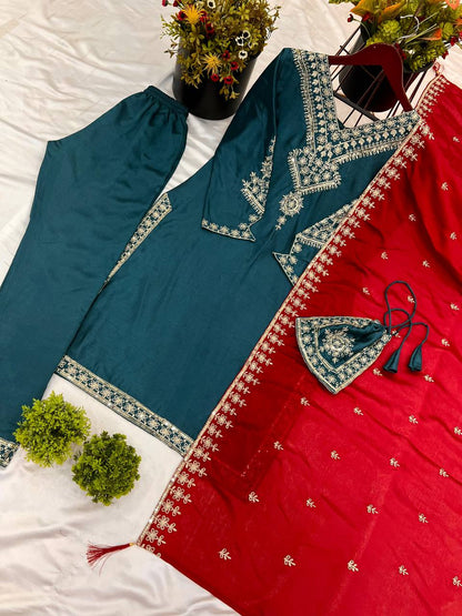 Outstanding Chinnon Silk Teal Blue Salwar Suit