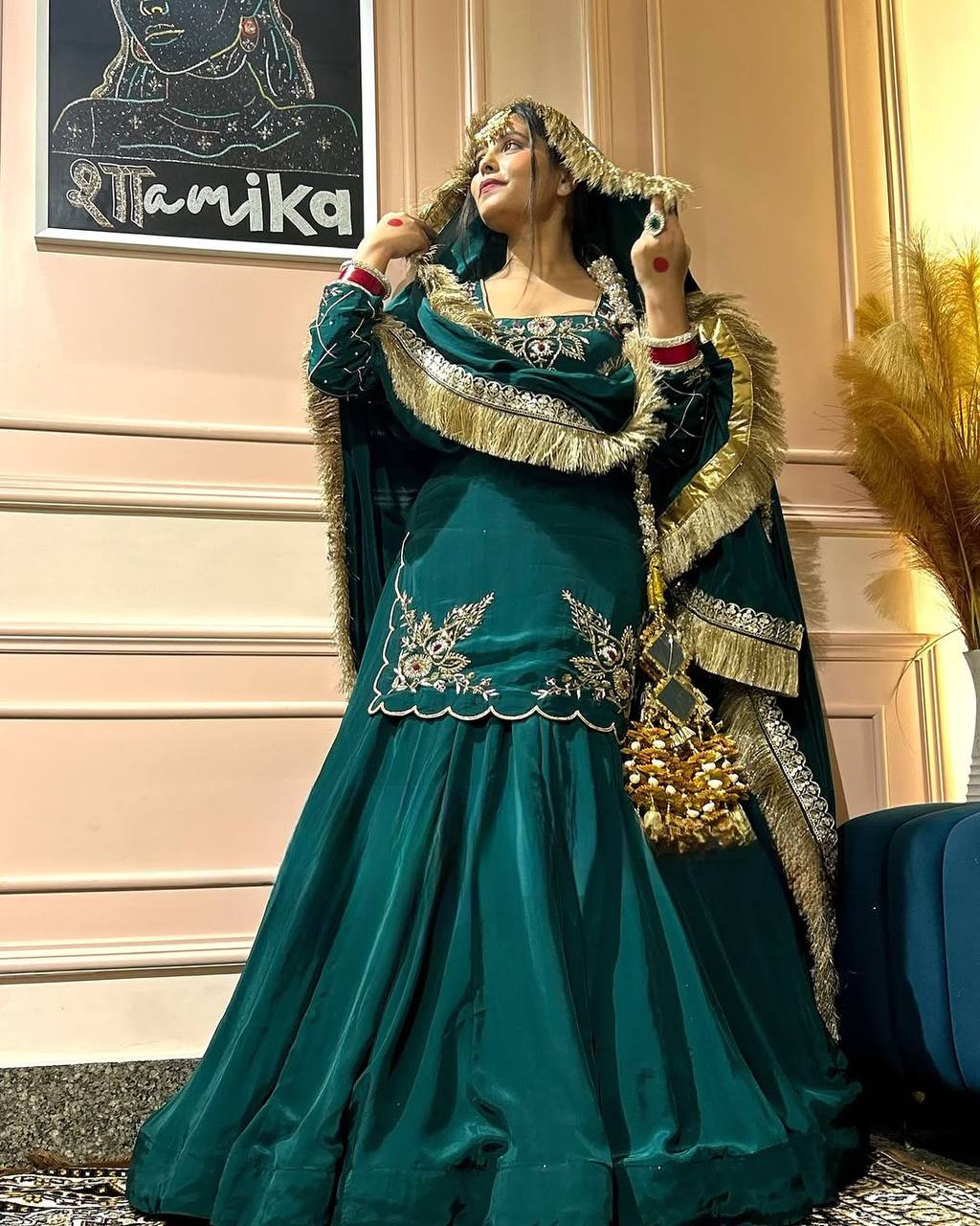 Function Wear Bids Hand Work Teal Green Color Top With Lehenga