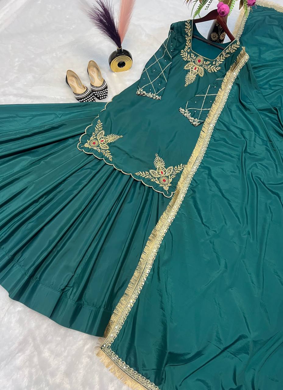 Function Wear Bids Hand Work Teal Green Color Top With Lehenga