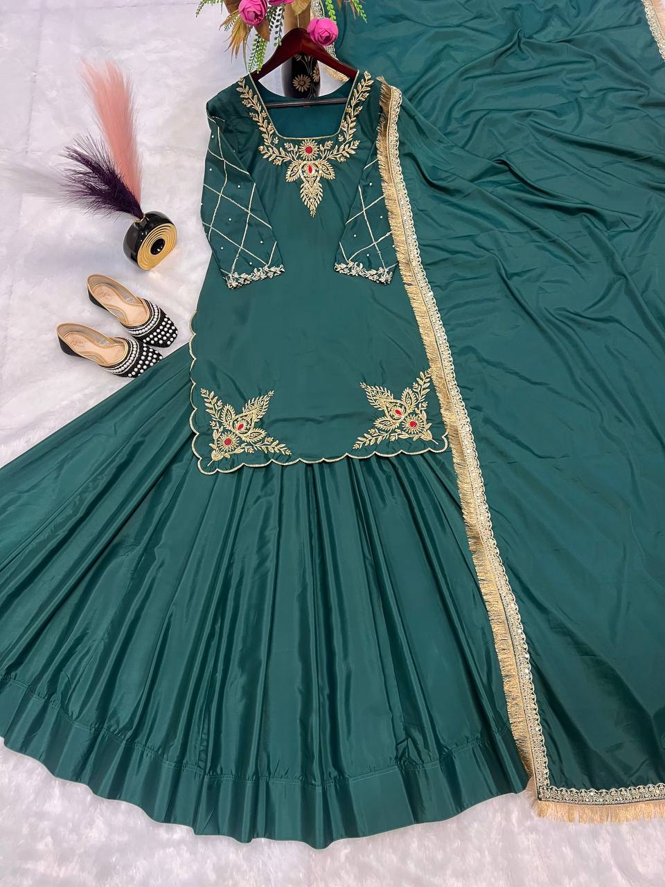 Function Wear Bids Hand Work Teal Green Color Top With Lehenga