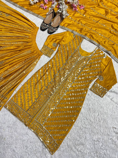 Outstanding Sequence Work Mustard Color Sharara Suit