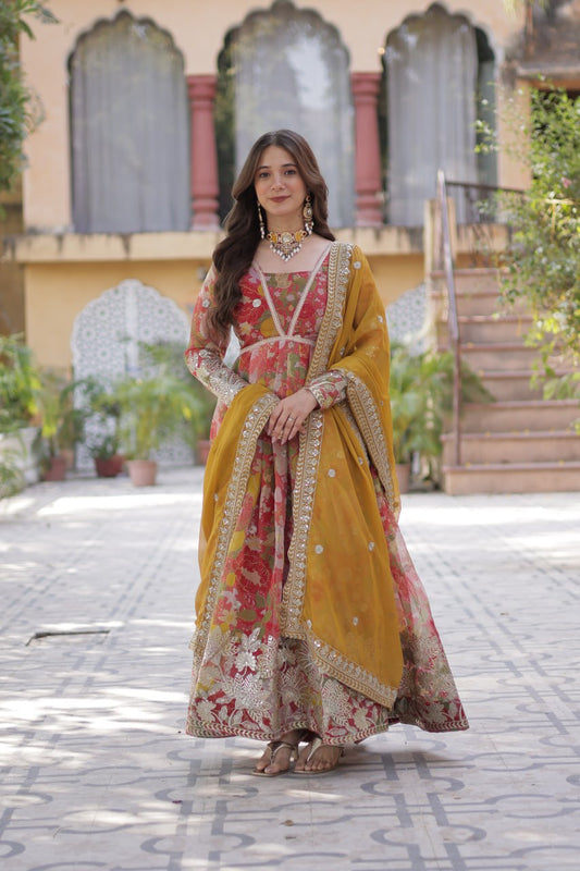 Wonderful Digital Printed Red Multicolor Gown