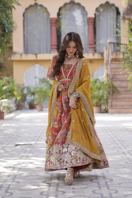 Wonderful Digital Printed Red Multicolor Gown