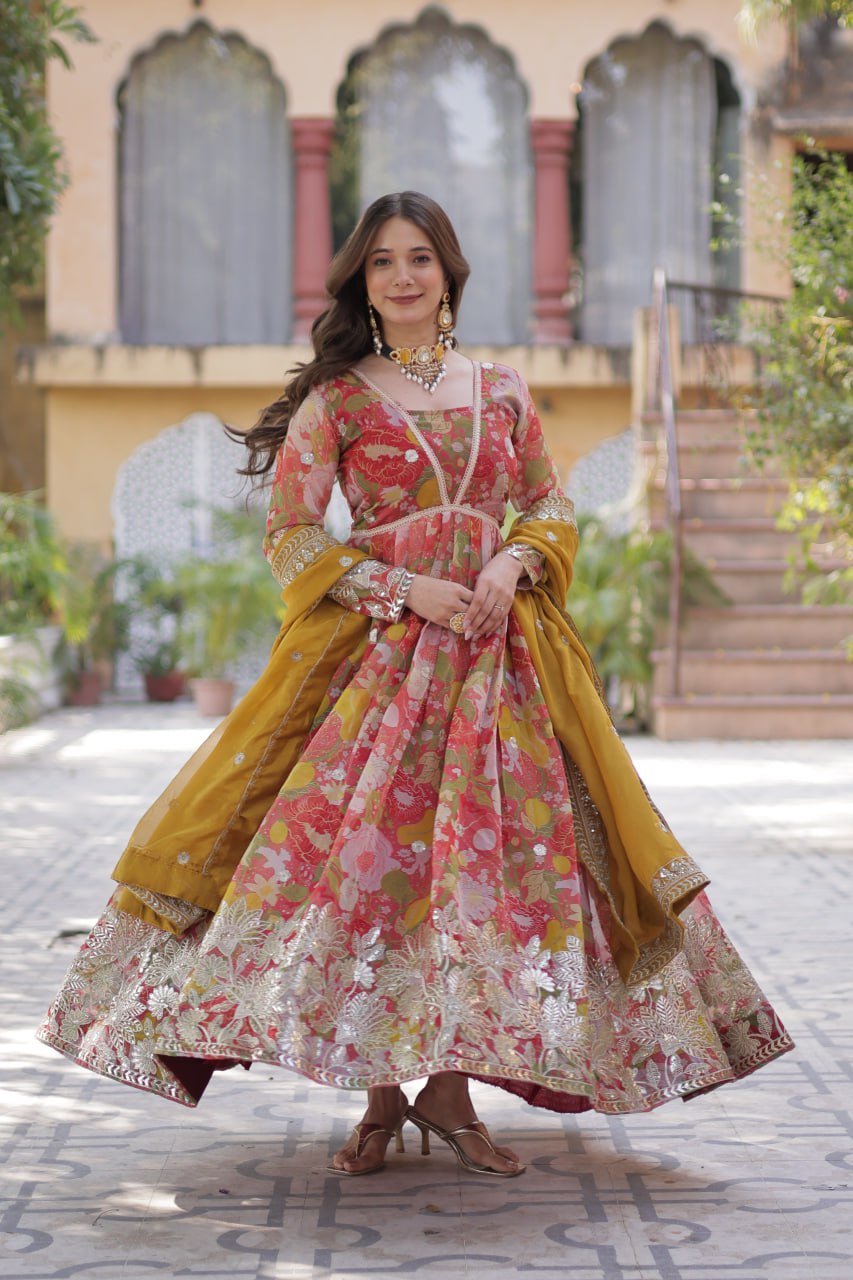 Wonderful Digital Printed Red Multicolor Gown