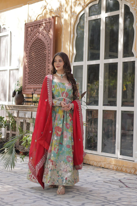 Wonderful Digital Printed Sky Blue Multicolor Gown