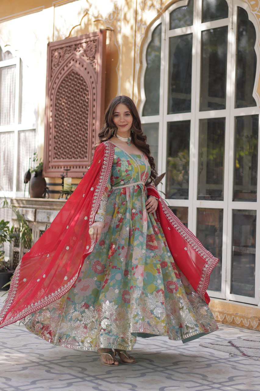 Wonderful Digital Printed Sky Blue Multicolor Gown