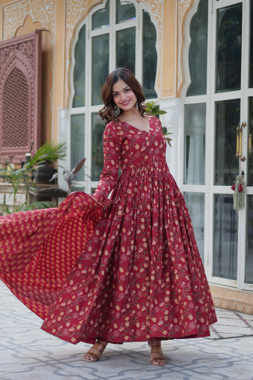 Beautiful Cotton V Neck Maroon Color Gown