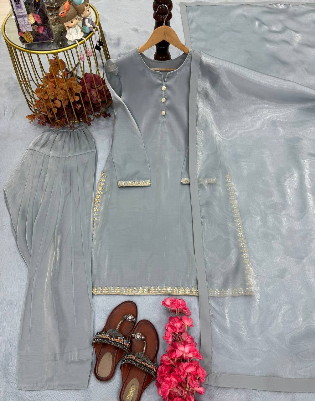 Decent Embroidery Work Grey Color Palazzo Suit