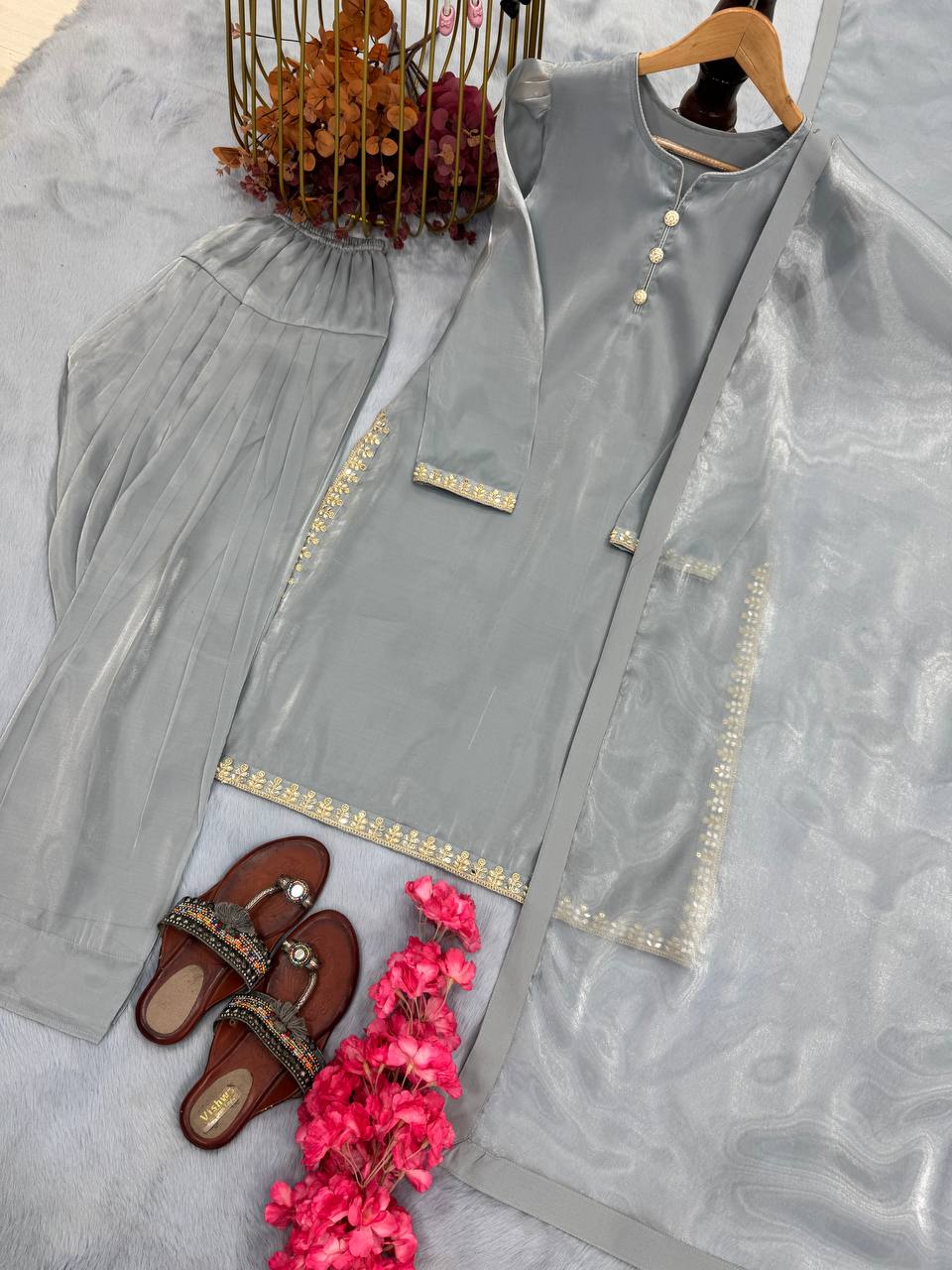 Decent Embroidery Work Grey Color Palazzo Suit