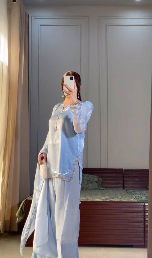 Decent Embroidery Work Grey Color Palazzo Suit