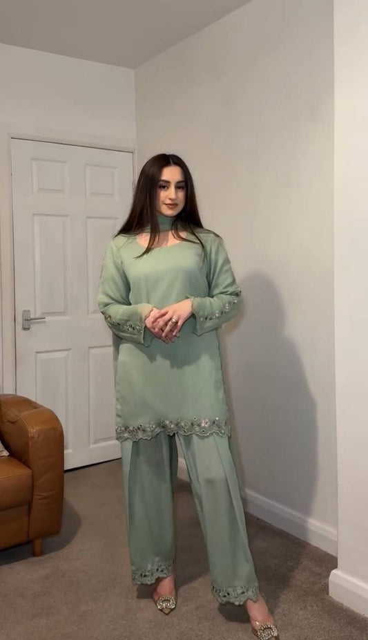 Glimmering Embroidery Work Rama Color Palazzo Suit
