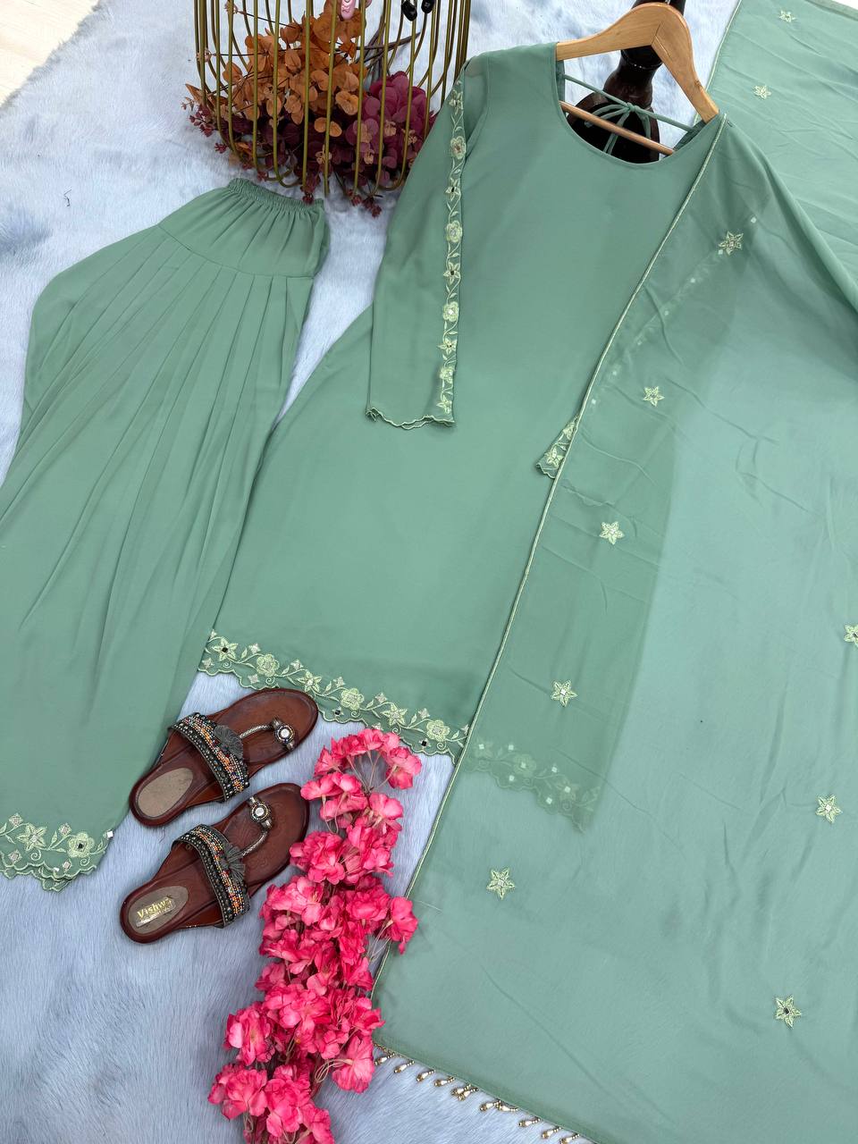 Glimmering Embroidery Work Rama Color Palazzo Suit