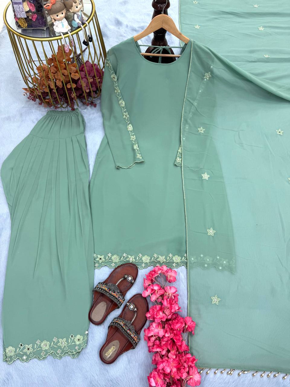 Glimmering Embroidery Work Rama Color Palazzo Suit