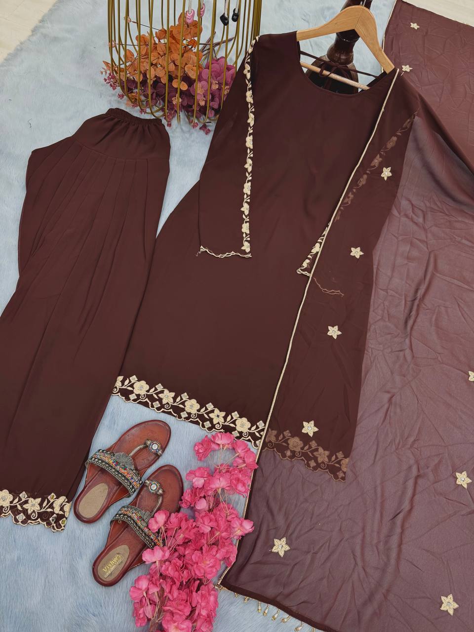 Glimmering Embroidery Work Brown Color Palazzo Suit
