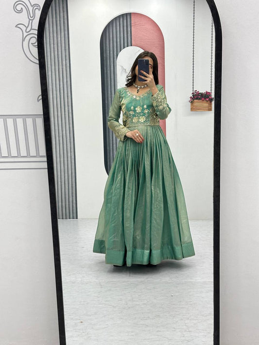 Flattering Sequence Work Teal Green Color Gown