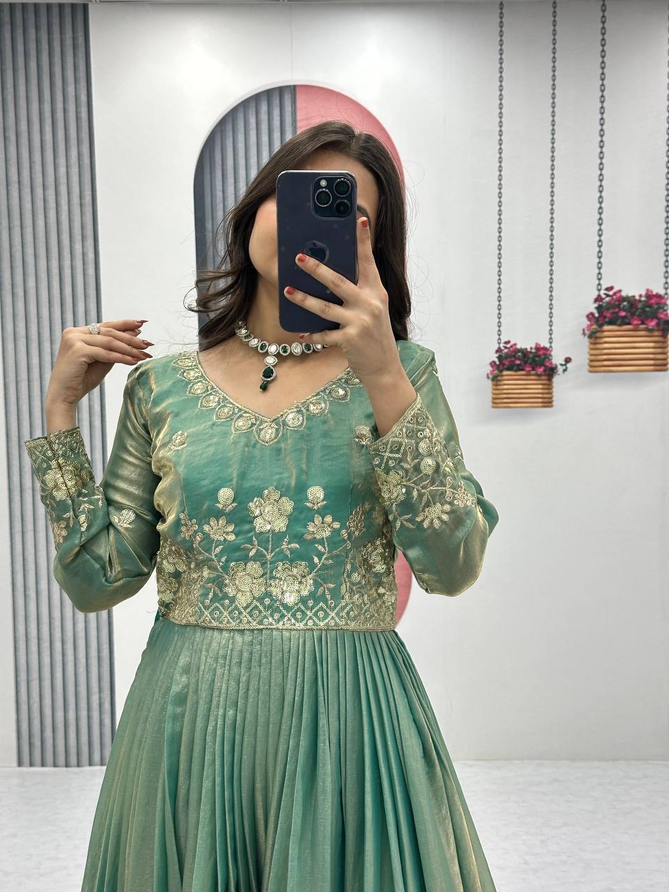 Flattering Sequence Work Teal Green Color Gown